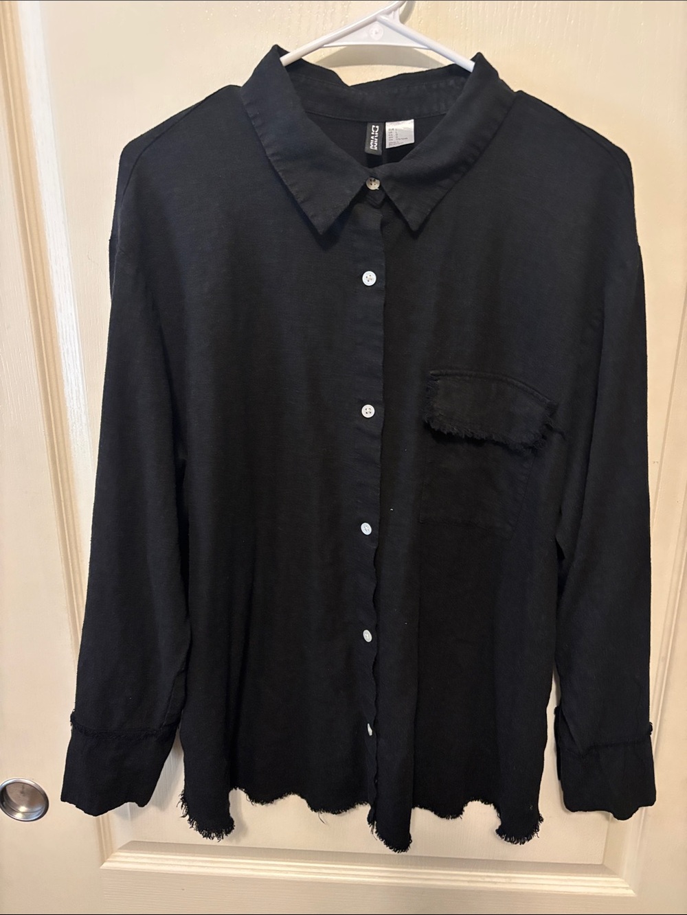 H&M Divided Black Linen Button Down Shirt with Frayed Hem